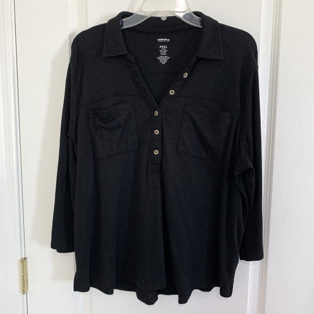 Sonoma ¾ Sleeve Pocket Popover Top V-Neck Knit Pullover Black Petite Size XXL